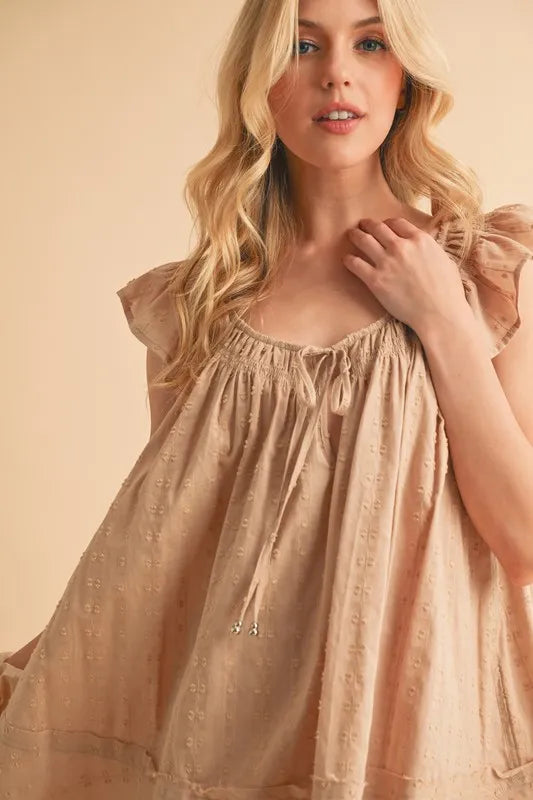 Ruffled Cap Sleeve Cotton Tunic Mini Dress