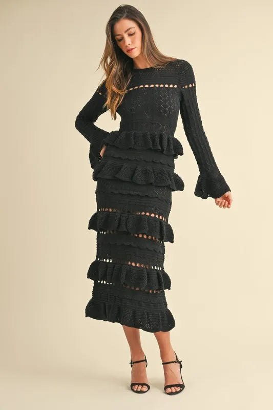 Long Sleeve Tiered Ruffle Knit Midi Dress