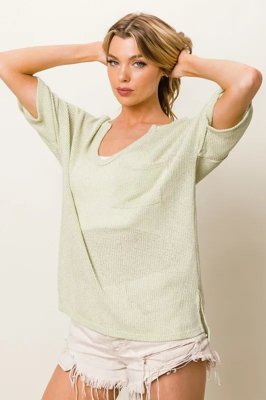 Boucle Sweater Knit Short Sleeve Henley Top