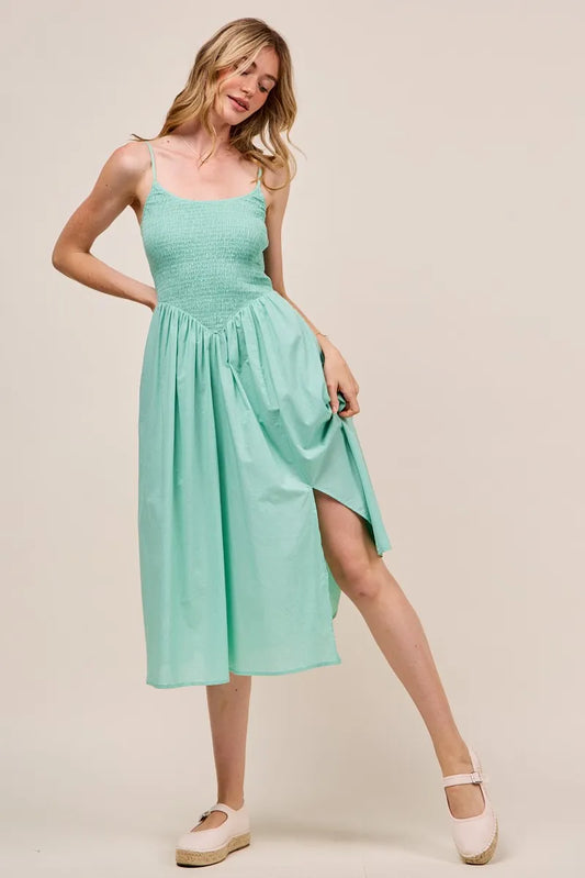 Smocked Bodice Sleeveless Midi Dress with Side Slit