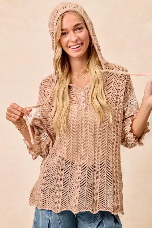 Floral Jacquard Puff Sleeve Hooded Knit Top
