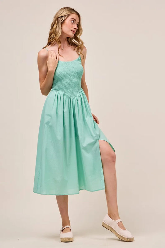 Smocked Bodice Sleeveless Midi Dress with Side Slit