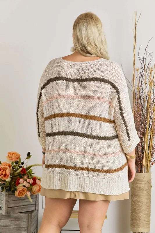 Full Size Multi Color Strip Sweater Plus Size