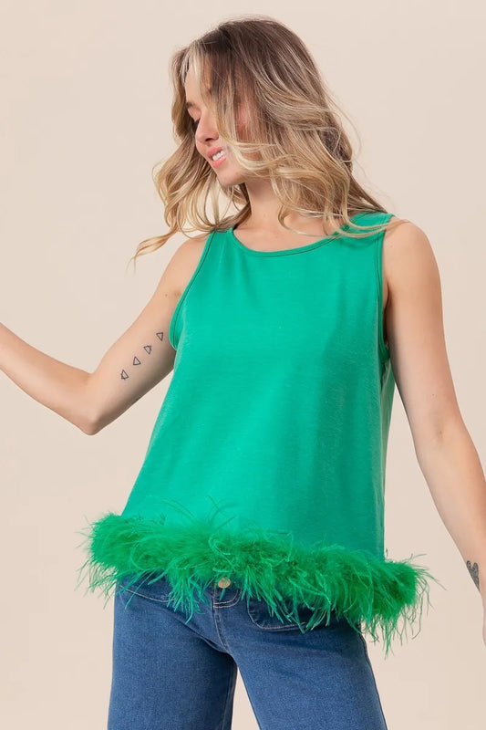 French Terry Faux Feather Bottom Back Tied Top