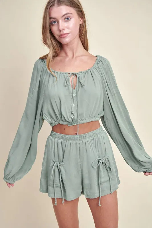 Gauze Long Sleeve Button Crop Top and Short Set