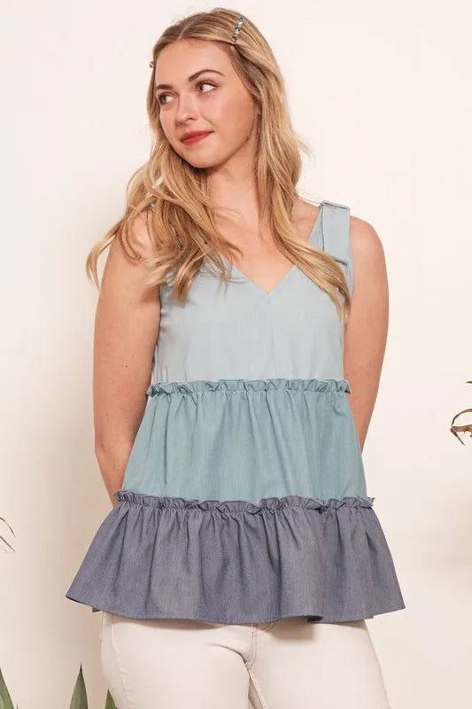 Full Size Color Block V-Neck Baby Doll Sleeveless Top Plus Size