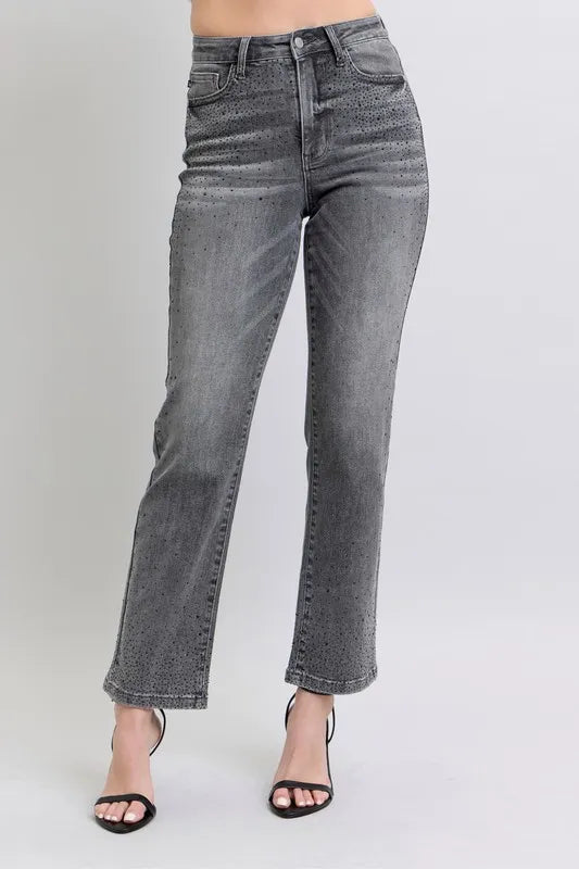 Full Size High Waist Rhinestone Straight Jeans Plus Size