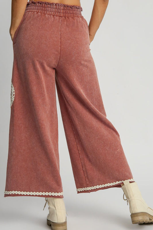 Full Size Peace Lace Applique Mineral Wash Wide Leg Pants Plus Size