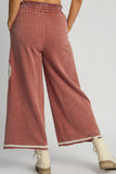 Full Size Peace Lace Applique Mineral Wash Wide Leg Pants Plus Size