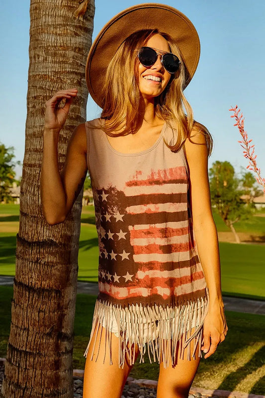 Patriot Fringe Knit Sleeveless Tank Top