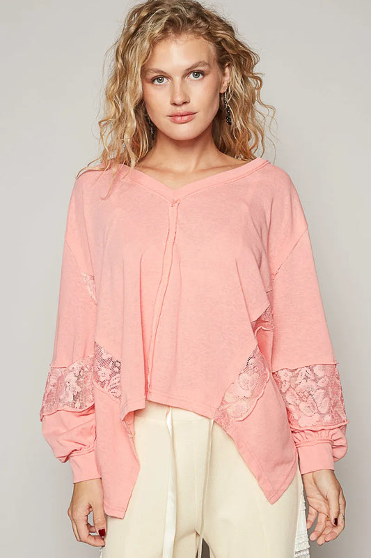 Oversized V-Neck Top with Elegant Lace Sleeves