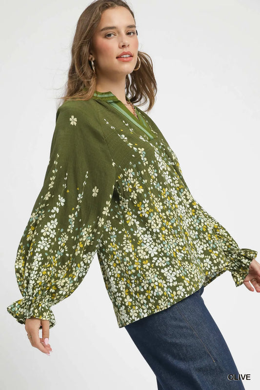 Vine Pattern Blouse with Accented Sleeves