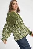 Vine Pattern Blouse with Accented Sleeves