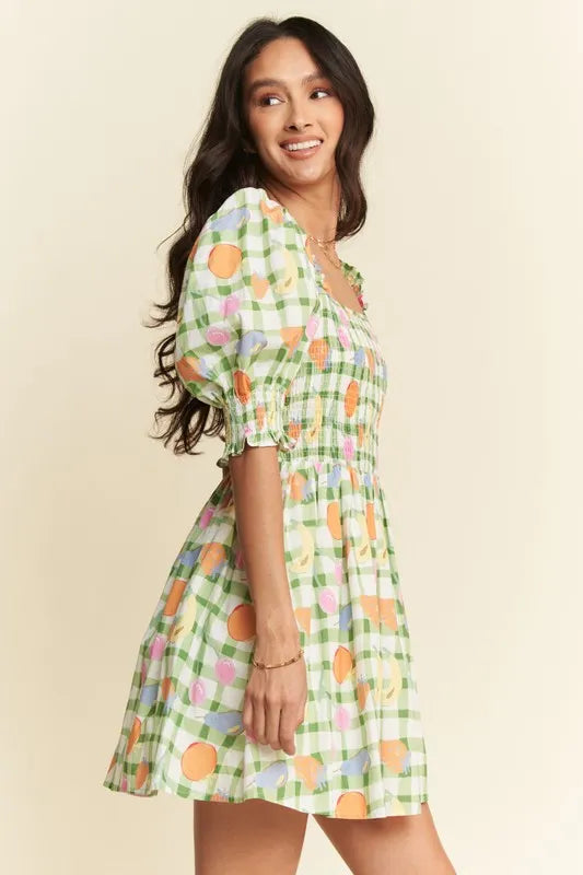 Fruits Printed Smocking Mini Dress