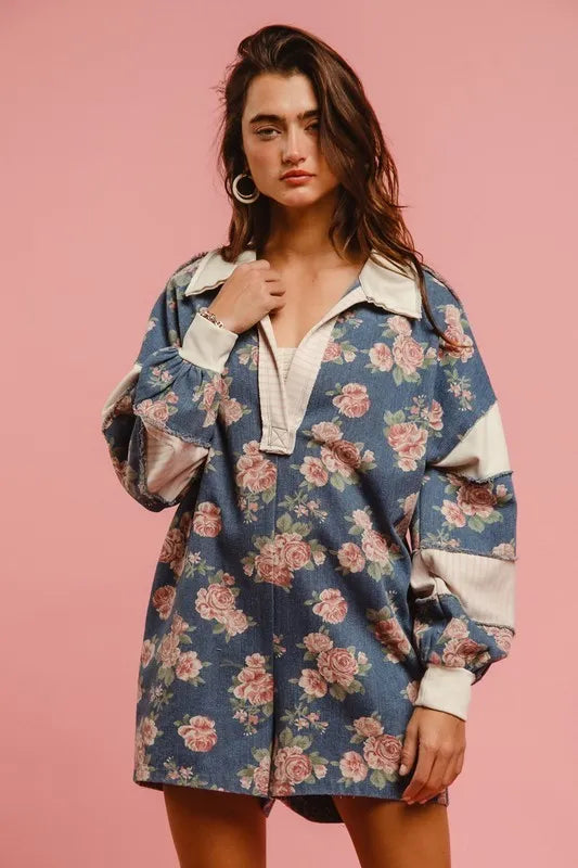 Washed Floral Denim Romper With Contrast Collar