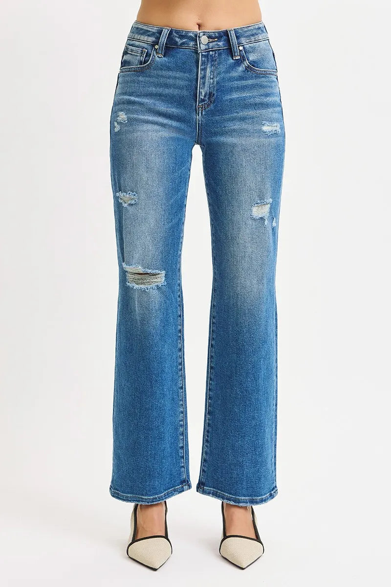 Full Size High-Waist Ankle-Length Distressed Straight Jeans
