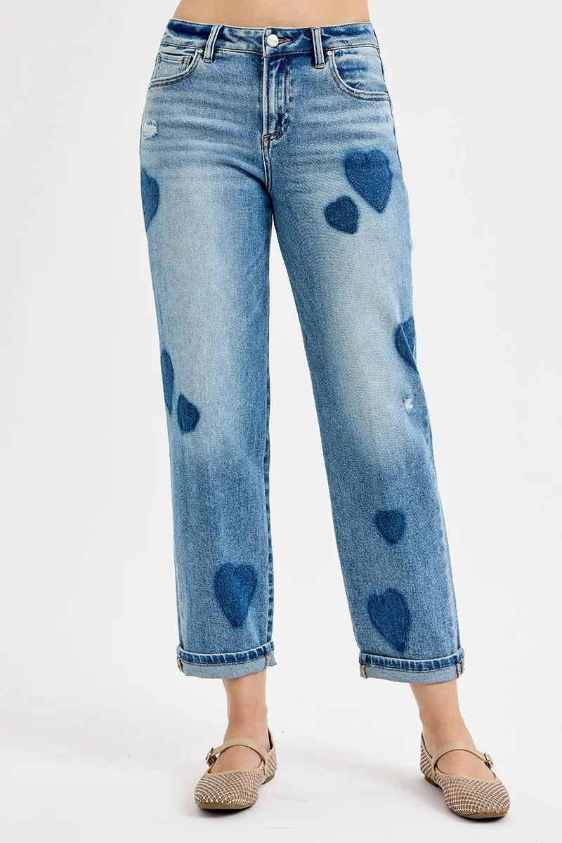 Full Size Heart Print Relaxed Fit Boyfriend Jeans