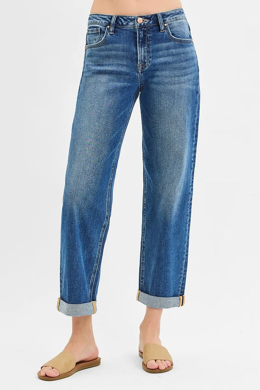 High Waist Classic Cuffed Straight Leg Jeans
