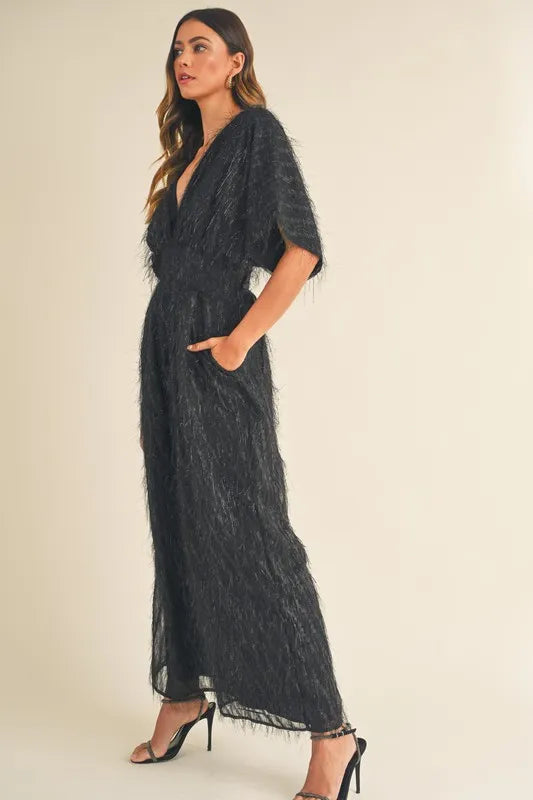 Fluffy Deep V Neck Wide Leg Jumpsuit
