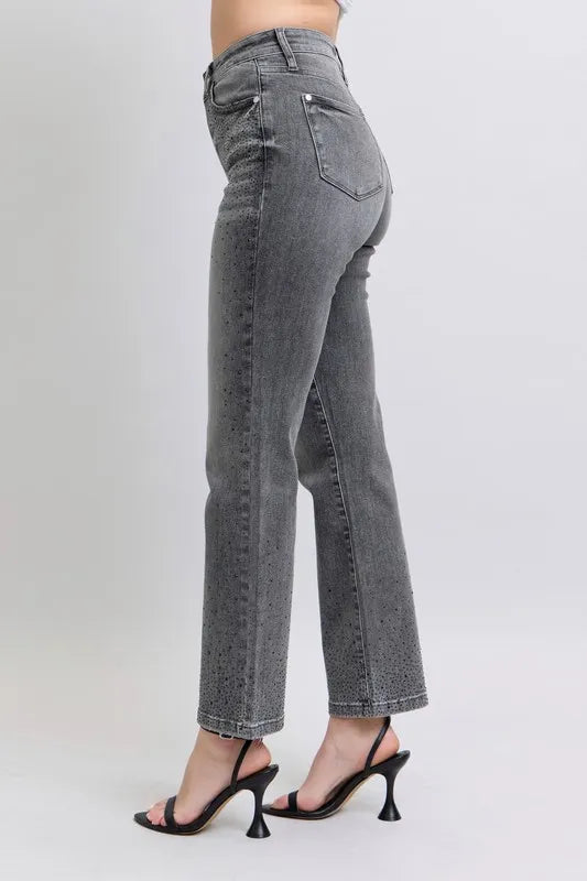 Full Size High Waist Rhinestone Straight Jeans Plus Size