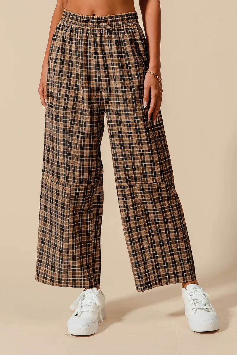 Plaid Wide-Leg Pants with Large Patch Pockets