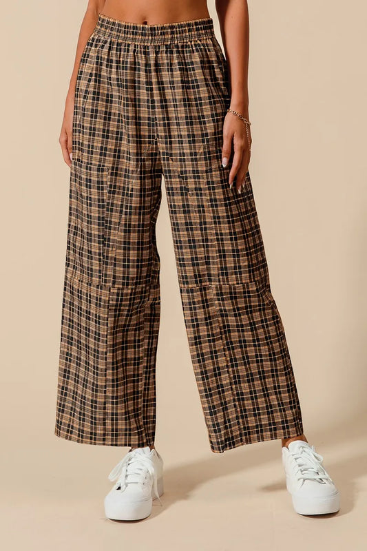 Plaid Wide-Leg Pants with Large Patch Pockets