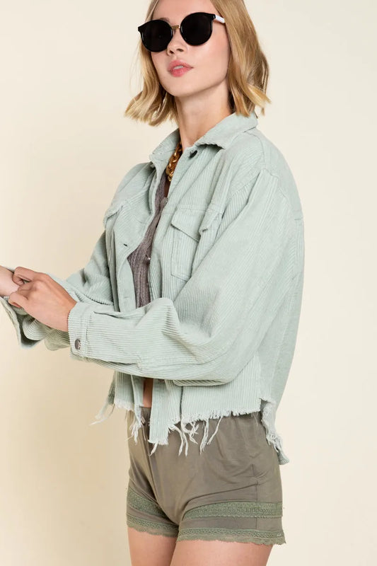 Cropped Distressed Denim Jacket with Pockets