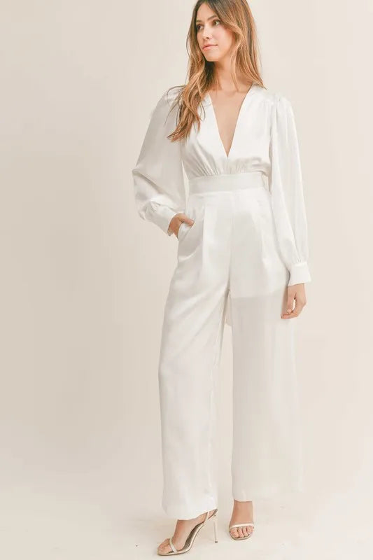 Long Sleeve Deep V Neck Satin Jumpsuit