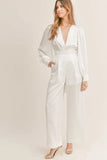 Long Sleeve Deep V Neck Satin Jumpsuit