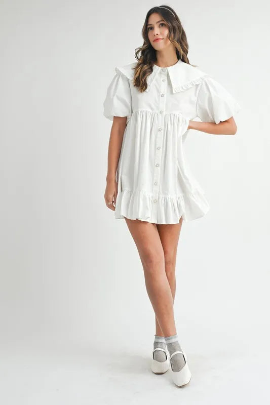 Ruffled Hem Peter Pan Collar Button Down Mini Dress
