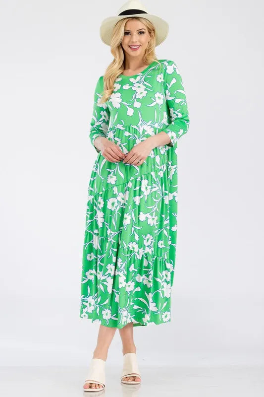Full Size Floral Print Asymmetric Tiered Midi-Dress Plus Size