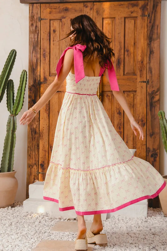 Bohemian Flowy Maxi Dress with Pink Contrast Trim