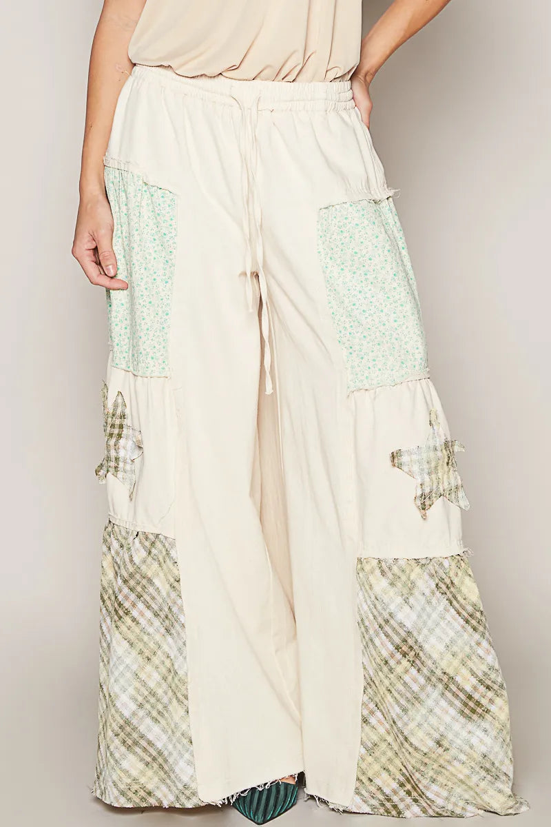 Bohemian Patchwork Drawstring Cargo Wide Leg Pants