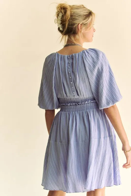 Back Button Puff Sleeve Mini Dress