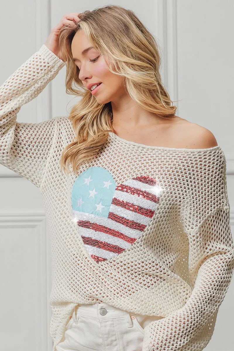 Sequin American Flag Heart Knit Up