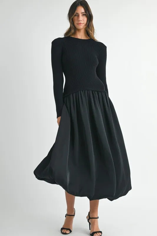 Ribbed Poplin Mix Midi Sweater Dress