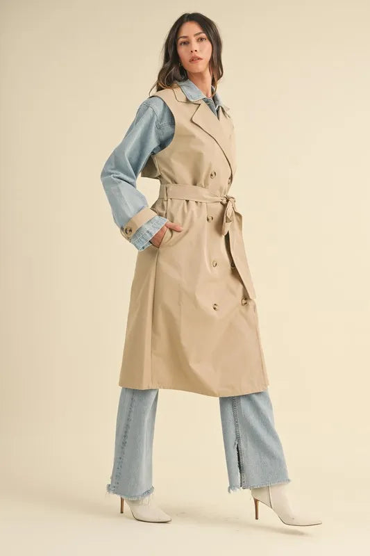 Layered Look Trench Coat With Denim Jacket