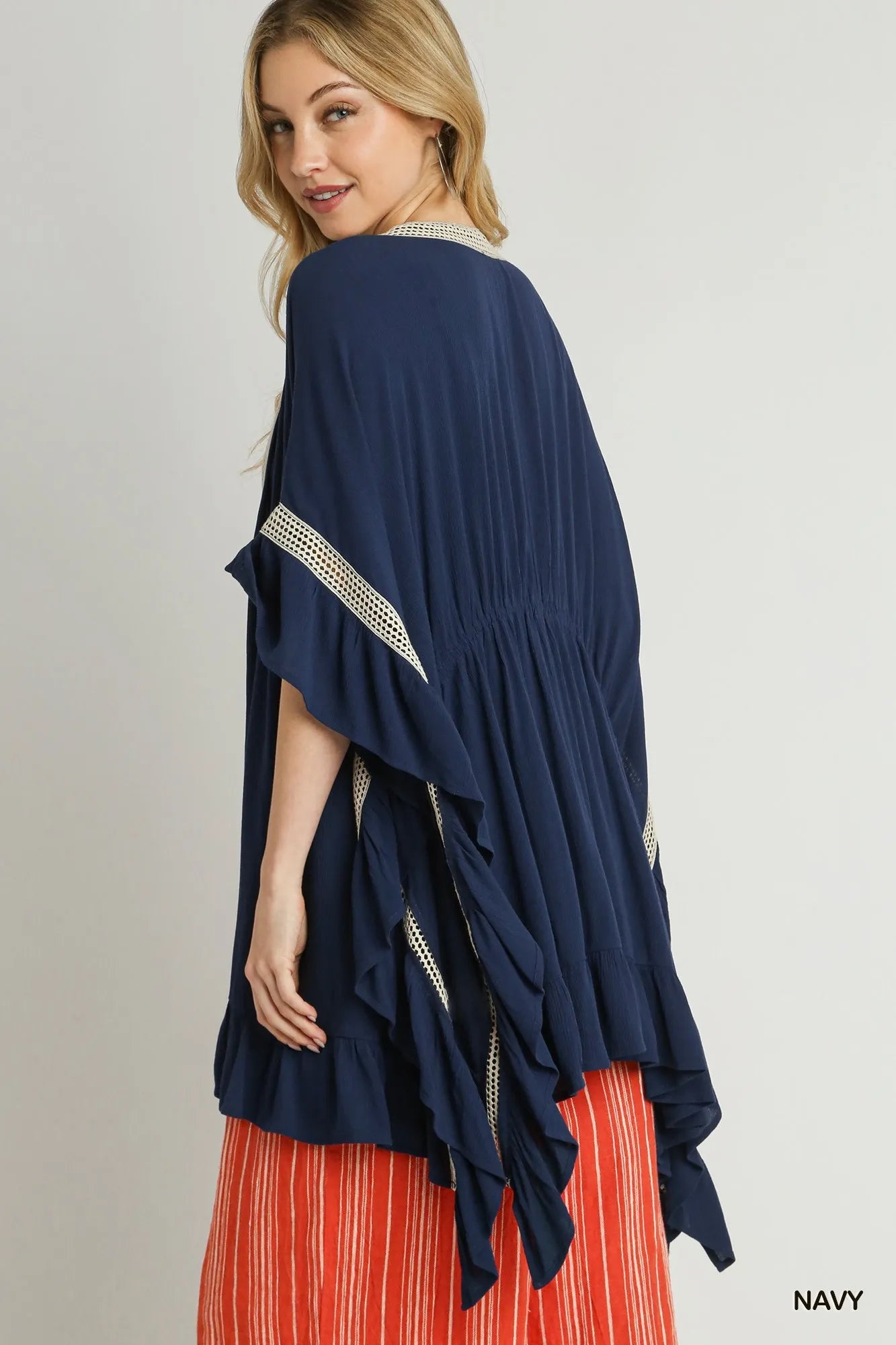 Crochet Accent Kimono with Ruffle Detailing