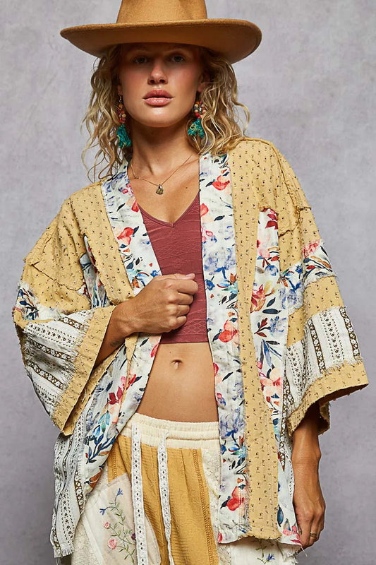 Patchwork Open Front Cardigan with Floral Accent Trim