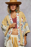 Patchwork Open Front Cardigan with Floral Accent Trim