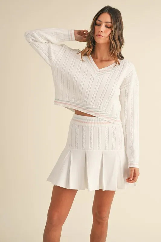 V-Neck Varsity Crop Knit Sweater and Skirt Set