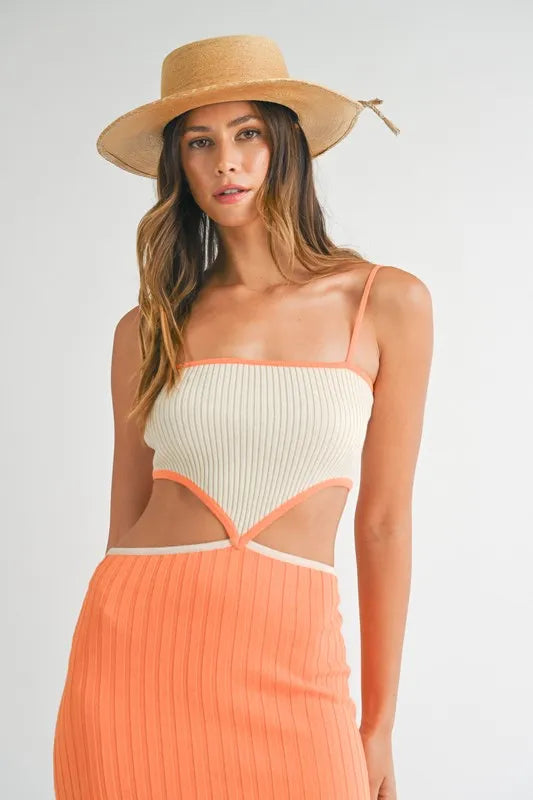Ribbed Knit Color Block Cutout Midi Dress