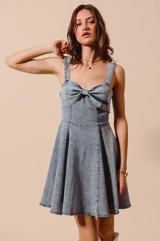 Vintage Bow Ribbon Flare Denim Dress
