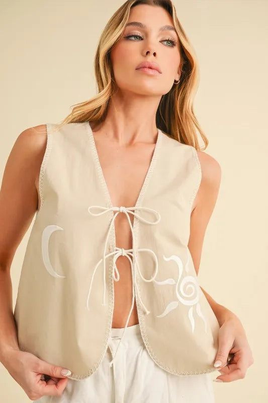 Embroidered Tied Front Vest Coat