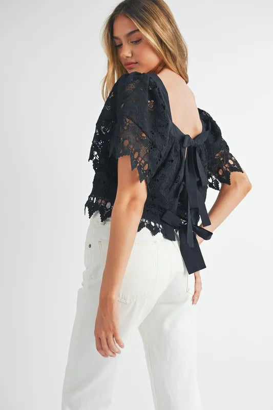 Square Neck Crochet Lace Top With Double Bow Tie