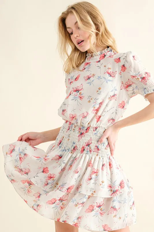Floral Print Smocked Waist Mini Dress