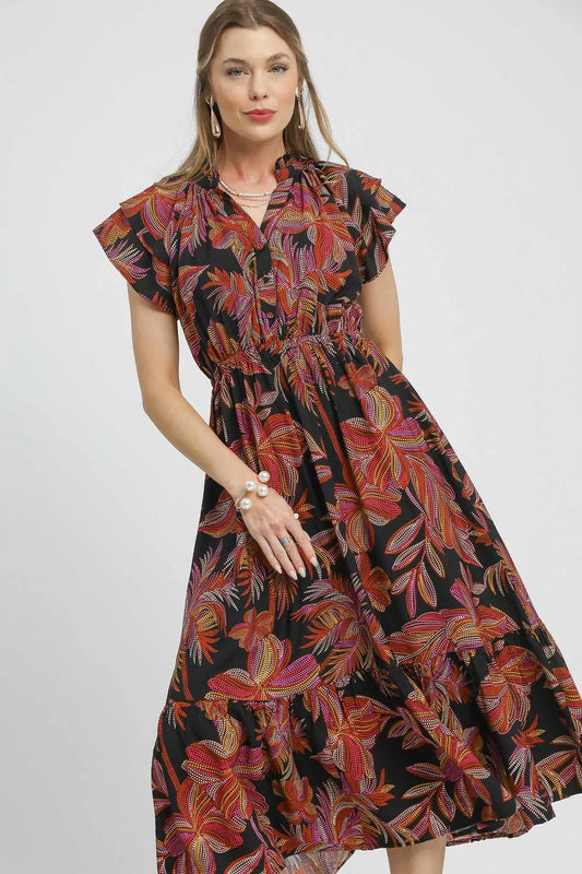 Tropical Flair V-Neck Midi Dress