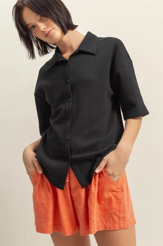  Collared Neck Button Down Waffle Shirt