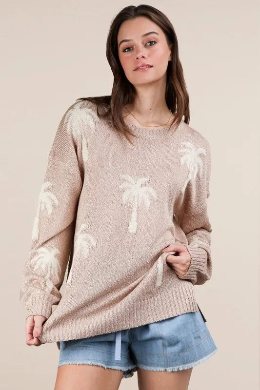 Palm Tree Graphic Oversized Knit Sweater