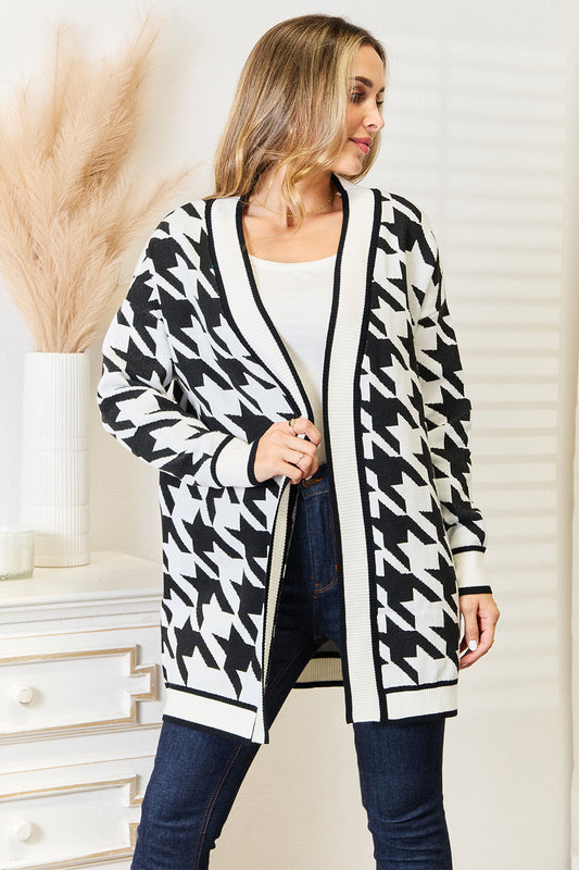 Mandy Classic Houndstooth Long Open-Front Cardigan